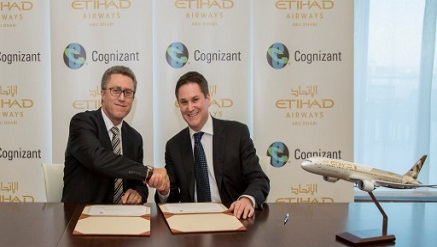 (L-r): John Burgin, head of Cognizant Digital Works, APAC and Middle East and Peter Baumgartner, Etihad Airways’ chief commercial officer; celebrate the signing of the strategic agreement between Etihad Airways and Cognizant.